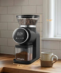 Conical Burr Coffee Grinder Electric for Home Use with Stainless Steel Burrs and 30 Grind Settings on a kitchen counter.