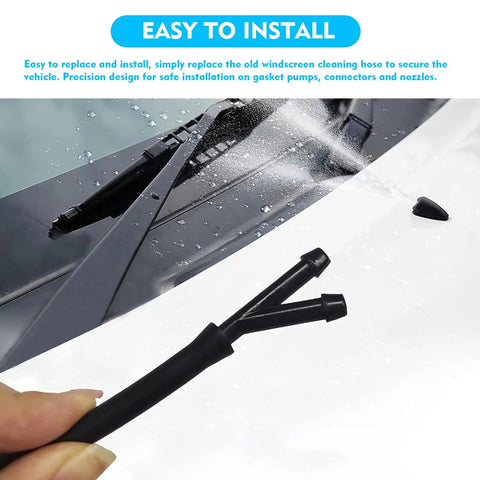 Heavy Duty Car Windshield Washer Hose Plus 13 Foot Universal Auto Washer Line Repair Kit Featuring I Y T Connectors Cut To Length Rubber Tubing showing installation on windshield.