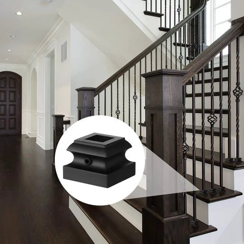 Set Of 40 Iron Baluster Shoes With Flat And Slant Options For 45 Degree Stairs Includes Screws Fits Half Inch Square Balusters Ideal For Indoor Outdoor Railings Rust Resistant Black Finish Durable And Easy To Install shown on staircase