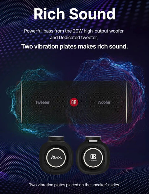 Graphic of Magnetic Golf GPS Speaker With 20W Woofer And 10W Tweeter, vibration plates shown next to tweeter and woofer