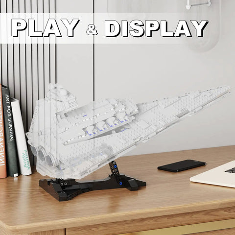 Imperial Aircraft Display Stand For Sets 75394 And 75357 on desk, showcases Star Wars model for dynamic view, 172 piece kit.