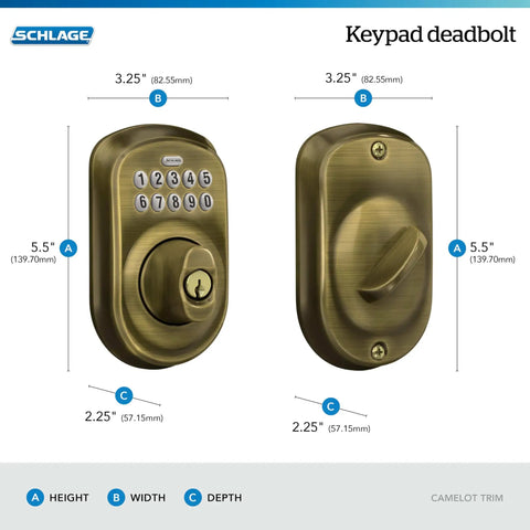 Plymouth Electronic Keypad Deadbolt Lock With Keyless Front Door Entry For Easy No Key Fumble Home Access, Antique Brass Finish