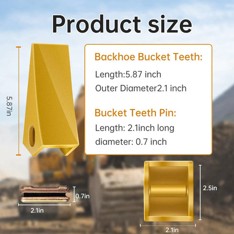 Heavy Duty Excavator Bucket Teeth With TF23P Flex Pins, alloy steel, dimensions labeled, displayed with skid steer loader backdrop