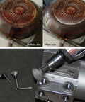 Comparison of pot before and after cleaning with 60 Piece Wire Brush Set For Rotary Tools Stainless Steel Wire Wheels Pen Brushes