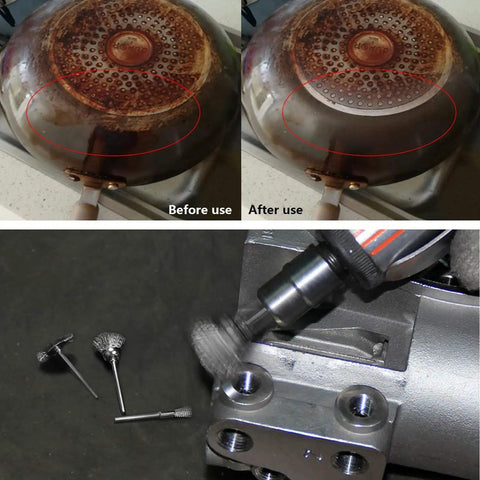 Comparison of pot before and after cleaning with 60 Piece Wire Brush Set For Rotary Tools Stainless Steel Wire Wheels Pen Brushes