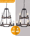 Wagon Wheel Chandelier 9 Light Farmhouse Ceiling Light in Black Metal and Wood Frame, lit and unlit display