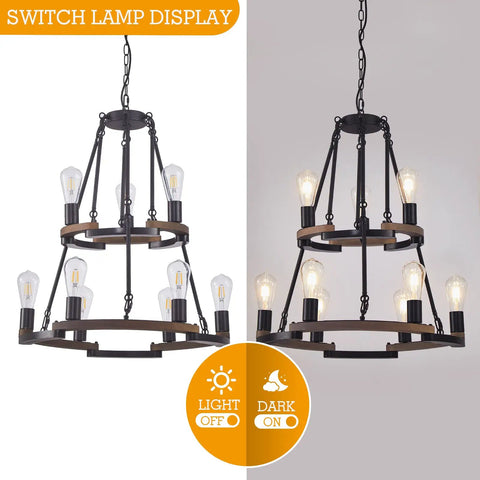 Wagon Wheel Chandelier 9 Light Farmhouse Ceiling Light in Black Metal and Wood Frame, lit and unlit display
