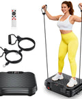 Woman using Vibration Plate Exercise Machine for Home Workouts, black platform with resistance bands, remote control shown.