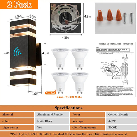 Dusk To Dawn Outdoor Light Fixture For Homes Square Exterior Wall Light Waterproof Modern LED Lighting With Warm White 3000K Sensor Outdoor Garage Lights Two Pack 14W G10 Exterior Lights visual overview and specifications.
