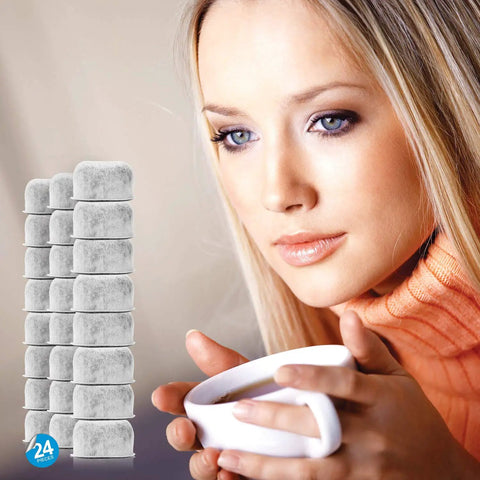 Pack Of 24 Replacement Charcoal Water Filters For Coffee Machines That Remove Chlorine Odors And Impurities shown with coffee cup