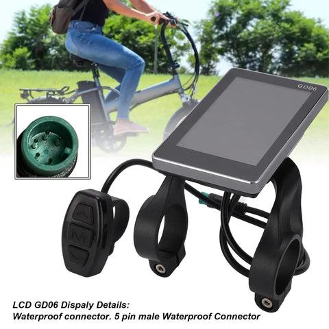 GD06 LCD Display Panel for Bikes and Electric Scooters with waterproof connector, digital speedometer, and battery gauge