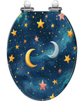 Elongated Resin Toilet Seat for Bathroom with galaxy design featuring stars and moons, suitable for standard toilets.