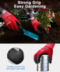 Person gardening with red work gloves holding a blue trowel and a can while planting flowers, showcasing strong grip.