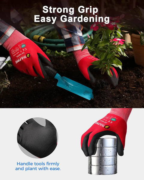 Person gardening with red work gloves holding a blue trowel and a can while planting flowers, showcasing strong grip.
