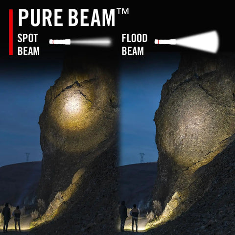 XP9R 1200 Lumen USB-C Rechargeable Dual Power LED Flashlight With Pure Beam Slide Focus illuminating rock formation with spot and flood beams
