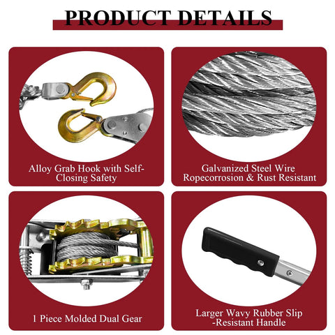 2 Ton 4480 Lbs Come Along Winch With 7 Foot Steel Cable Dual Gear Ratchet Power Puller With Two Hooks details showing alloy hook and steel wire.