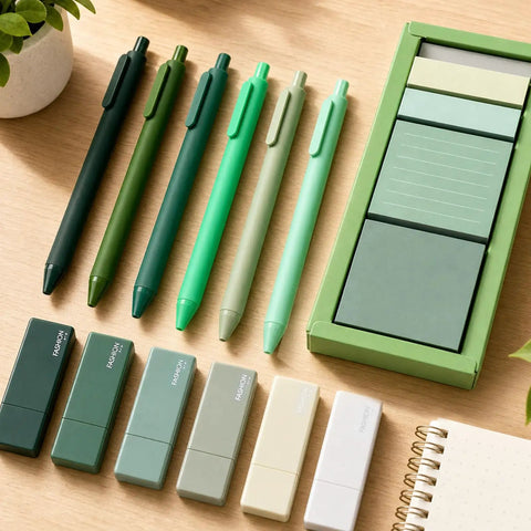 Green Aesthetic Desk Stationery Set With Six Retractable Black Ink Pens 1.0mm Six Correction Tapes And Green Sticky Notes shown on desk