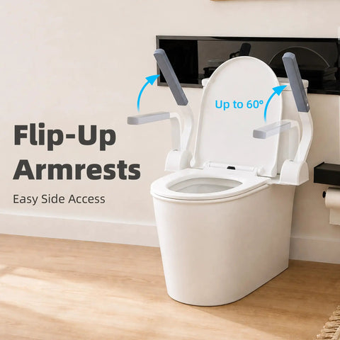 Heavy Duty Carbon Steel Toilet Safety Rails With Rock Solid Grab Bars For Seniors Bathroom Standing Assist Support Frame And Solid Armrest Setup That Handles Two Sixty Pounds Without Breaking A Sweat, featuring flip-up armrests for easy access.