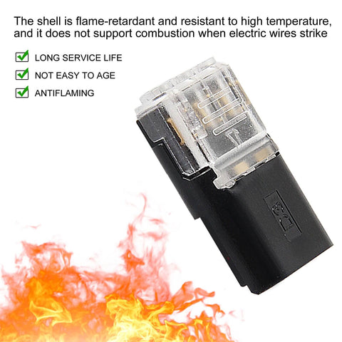 50 Pcs LED No Solder No Strip Terminal Block D3 Interchangeable Plug and Play Connector Three Wire; black and transparent design.