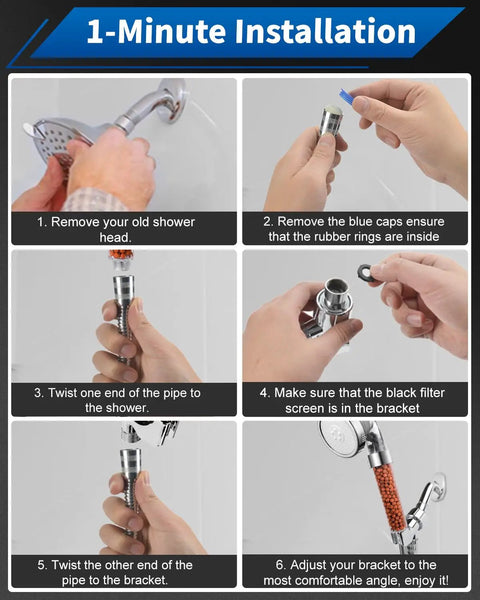 Installation steps for filtered shower head for hard water with high pressure, including handheld spray and mineral beads.