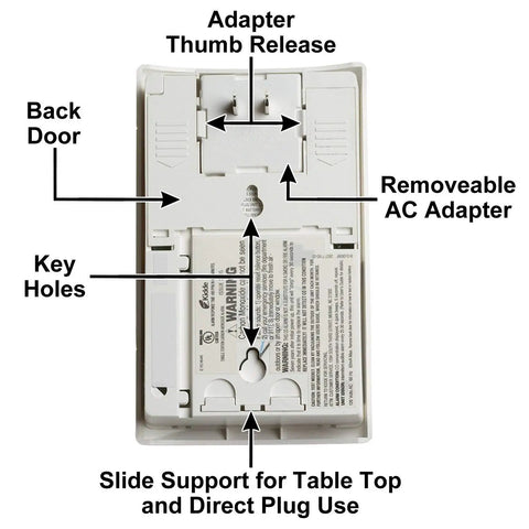 Back view of Plug-In Carbon Monoxide Detector With 9V Battery Backup, showing adapter, key holes, and slide support.