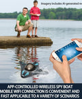 Waterproof Mini WiFi RC Boat With Camera controlled with phone app, on a lake with people in the background, showcasing real-time video.