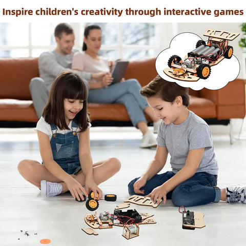 Self-Centering Steering RC Car Kit for STEM Projects, DIY Engineering Toy for Kids Ages 8-12, Drifting Action, Kid-Friendly Builds, Learn Coding, Hands-On STEM Kit for Young Makers; kids building wooden RC car
