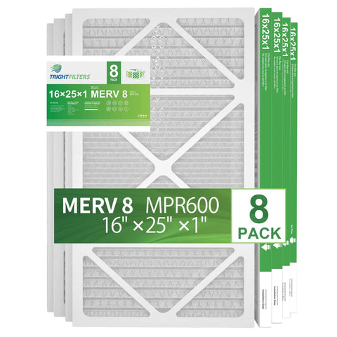 16x25x1 Air Filter 8 Pack MERV 8 Pleated Replacement For Home HVAC AC Furnace shown with green packaging
