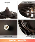 Arturesthome 1-Light Wooden Pendant Light Ceiling Hanging Light for Kitchen, close-up of hand-woven wooden detailing and E26 socket.