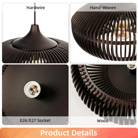 Arturesthome 1-Light Wooden Pendant Light Ceiling Hanging Light for Kitchen, close-up of hand-woven wooden detailing and E26 socket.