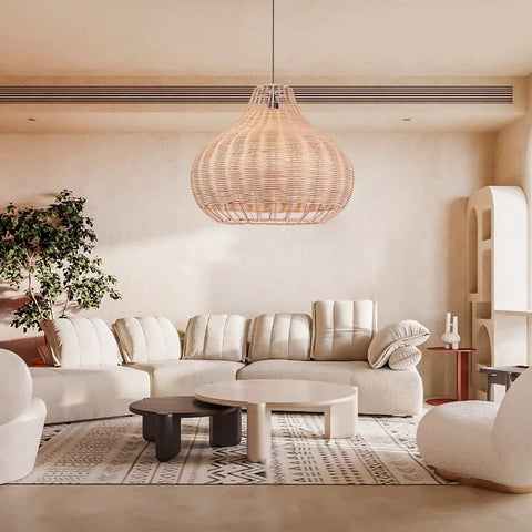 1 Light Rattan Pendant Light With Weave Pattern Natural Wicker Ceiling Fixture hanging in modern living room.