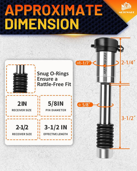 Stainless Steel Trailer Hitch Lock dimensions, Class III and IV, 5/8 inch pin, 2 and 2.5 inch receivers, 8 anti-rattle O-rings, waterproof cap.