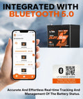 24V 50Ah LiFePO4 Battery For Trolling Motors with Bluetooth monitoring and QR code functionality next to smartphone display