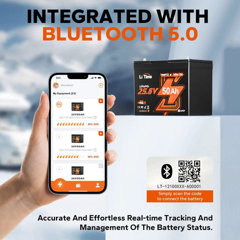 24V 50Ah LiFePO4 Battery For Trolling Motors with Bluetooth monitoring and QR code functionality next to smartphone display