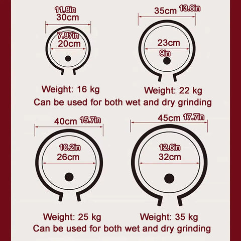 Diagram of hand crank stone grain mill sizes with granite stone and wood base, compact flour grinder for home bakers