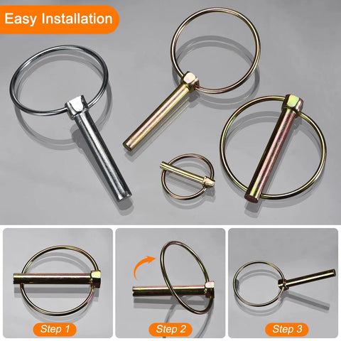 Three Pack Linch Pin With Ring Set 1/2 Inch By 2-3/4 Inch Carbon Steel Trailer Pins shown with installation steps
