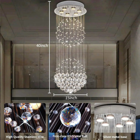 6 Light Crystal Chandelier For Dining Room And Living Room, Crystal Ball Rain Drop Flush Mount Ceiling Light Fixture