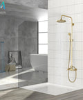 Antique Brass Shower System With 8 Inch Rainfall Head And Handheld Spray, 2 Cross Handles, wall-mounted in modern bathroom