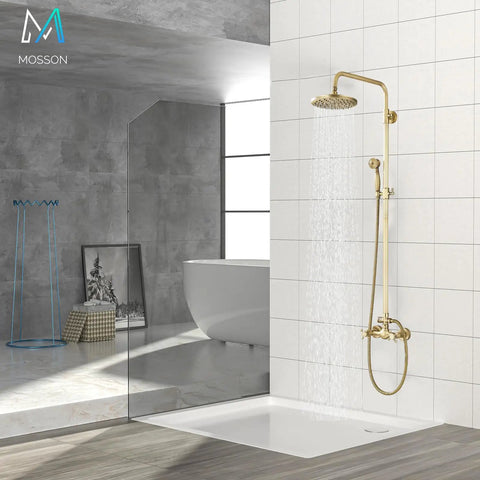 Antique Brass Shower System With 8 Inch Rainfall Head And Handheld Spray, 2 Cross Handles, wall-mounted in modern bathroom