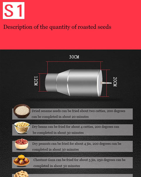 Electric Coffee Bean Roaster Machine With Stainless Steel Drum Five Pound Heavy Duty Adjustable Temp And Timer Control dimensions and roasting times for various seeds.