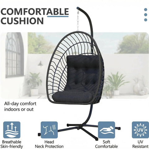 Egg Chair With Stand For Indoor Outdoor Use, Foldable Rattan Wicker Hanging Swing, Thick Cushioned Seat, Heavy Duty Frame