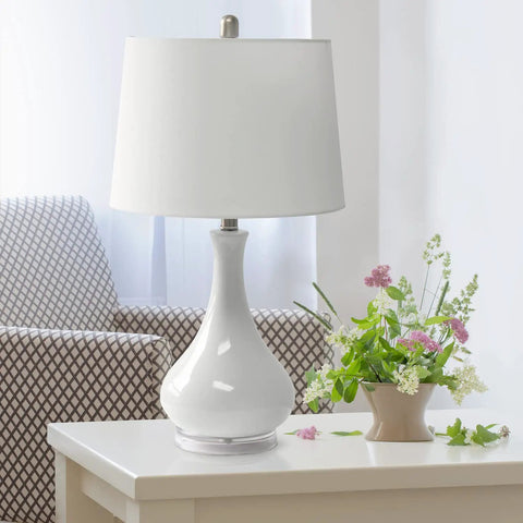 Glossy Aqua Ceramic Genie Tear Drop Table Lamp With White Fabric Shade on living room table, modern accent lighting