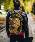 Dope Striped Forest Tiger Print Unisex Backpack with huge capacity, leather jacketed person walking through park, polyester material