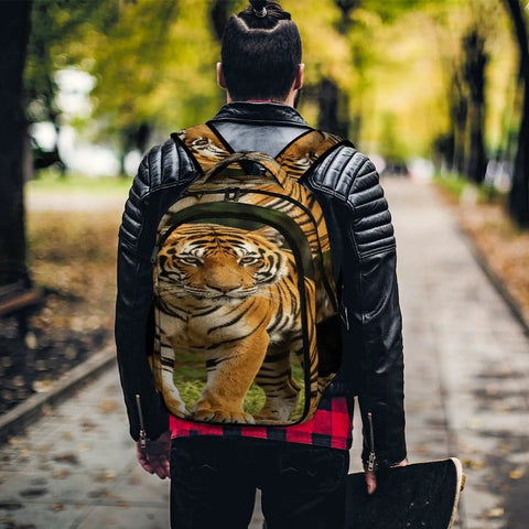 Dope Striped Forest Tiger Print Unisex Backpack with huge capacity, leather jacketed person walking through park, polyester material
