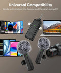 Wireless Mini Lavalier Lapel Microphone For iPhone And Android For Creators, 3 In 1 Receiver With USB C Lightning And 3.5mm, shown with devices