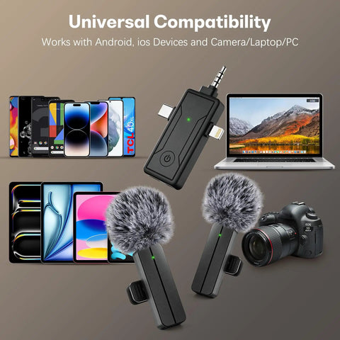 Wireless Mini Lavalier Lapel Microphone For iPhone And Android For Creators, 3 In 1 Receiver With USB C Lightning And 3.5mm, shown with devices