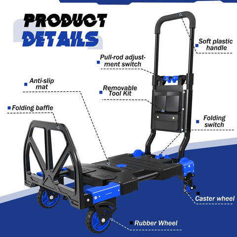 2 In 1 Folding Hand Truck With Four Foldable Wheels And Retractable Handle Heavy Duty Moving Dolly Cart For On The Go Hauling
