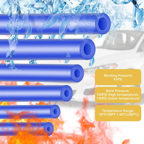 Blue Silicone Vacuum Hose Kit For Cars With Color-Matched Connectors, 6 Size Tubing Set, burst pressure 130 PSI, temperature range chart