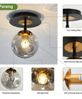 Image showing details of the Sleek 1 Light Mini Glass Globe Ceiling Light In Black Finish Semi Flush Mount with iron ceiling plate.