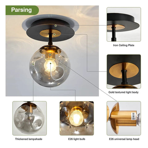 Image showing details of the Sleek 1 Light Mini Glass Globe Ceiling Light In Black Finish Semi Flush Mount with iron ceiling plate.